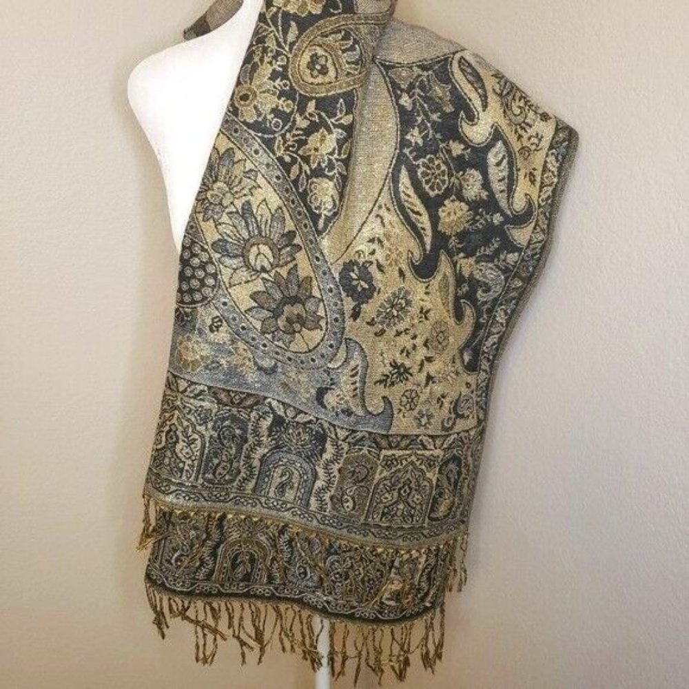Pashmina Black and Gold Paisley Scarf